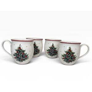 Set Of 4 Villeroy & Boch TOY'S DELIGHT White Mugs Green Fir Christmas Tree